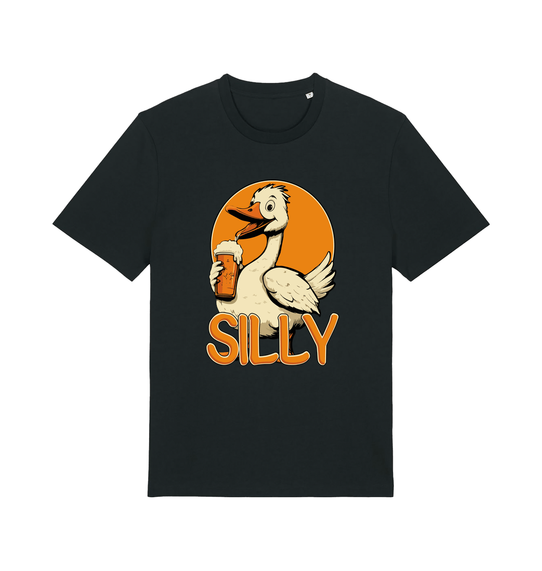 black funny animal t-shirt with the graphic of a goose holding a beer and the slogan 'silly'