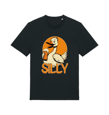 black funny animal t-shirt with the graphic of a goose holding a beer and the slogan 'silly'
