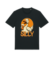 black funny animal t-shirt with the graphic of a goose holding a beer and the slogan 'silly'