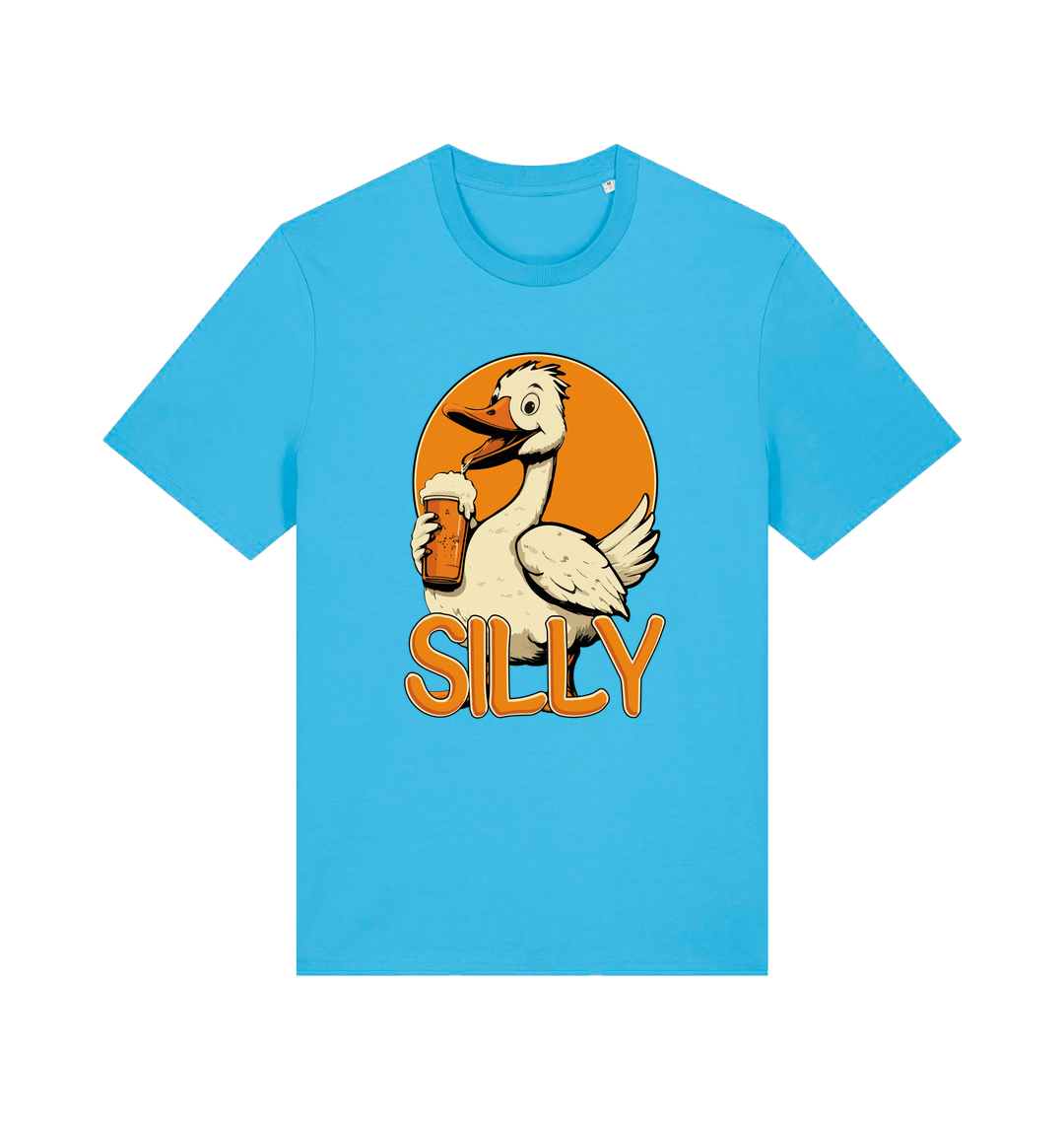 blue funny animal t-shirt with the graphic of a goose holding a beer and the slogan 'silly'