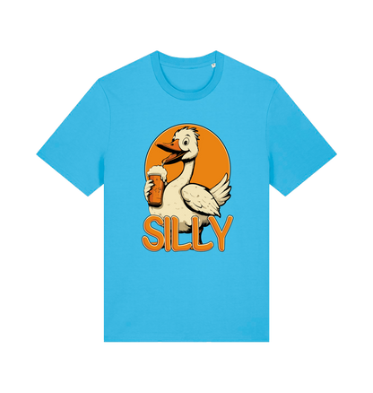 blue funny animal t-shirt with the graphic of a goose holding a beer and the slogan 'silly'