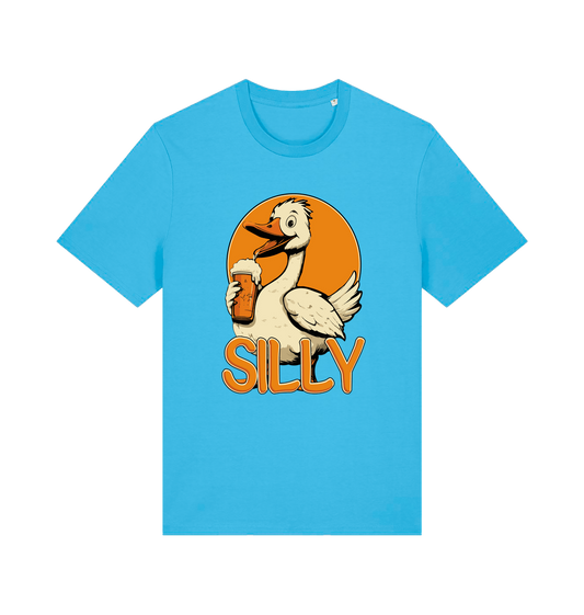 blue funny animal t-shirt with the graphic of a goose holding a beer and the slogan 'silly'
