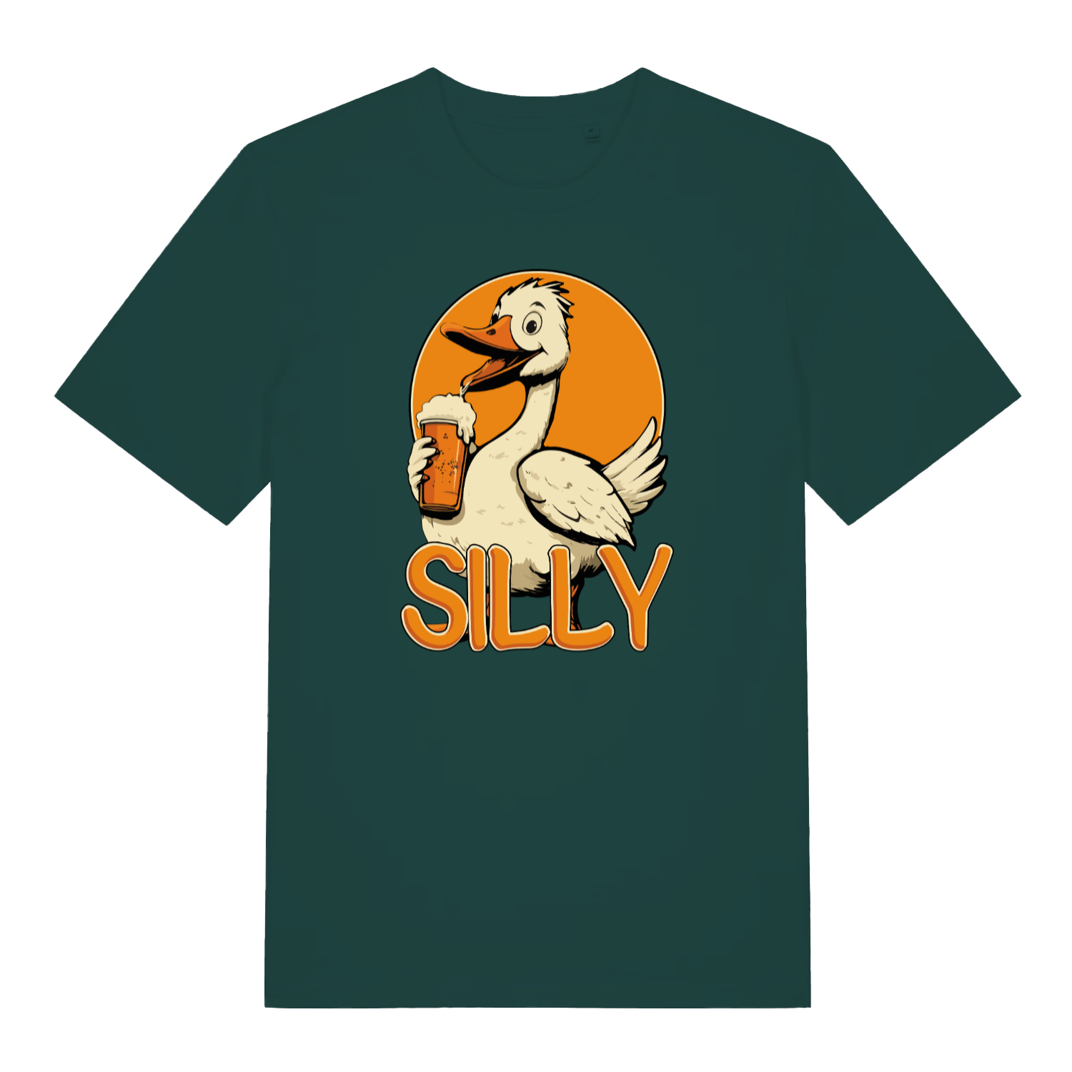 green funny animal t-shirt with a cartoon goose holding a beer mug and the word 'SILLY' on an orange background.