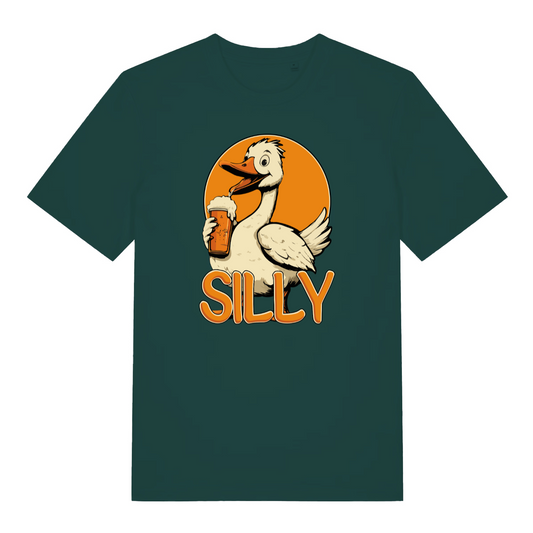 green funny animal t-shirt with a cartoon goose holding a beer mug and the word 'SILLY' on an orange background.