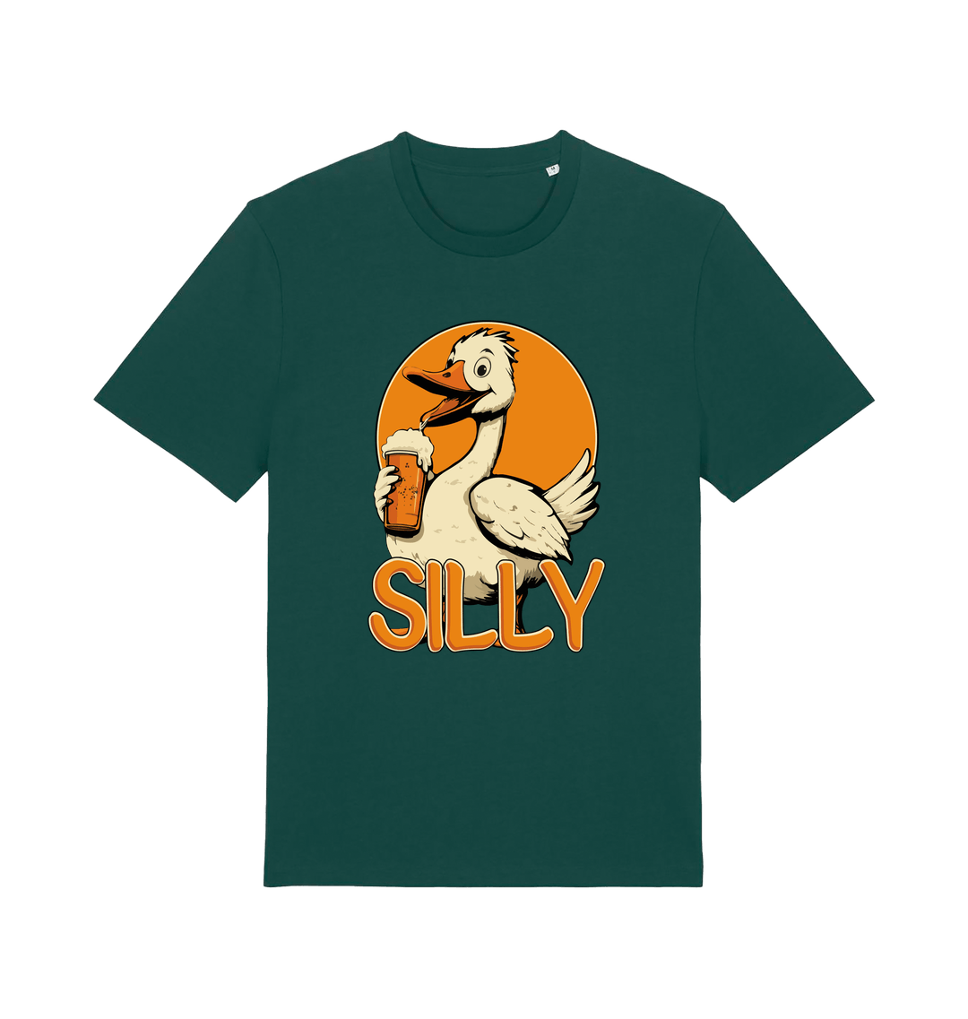 green funny animal t-shirt with the graphic of a goose holding a beer and the slogan 'silly'