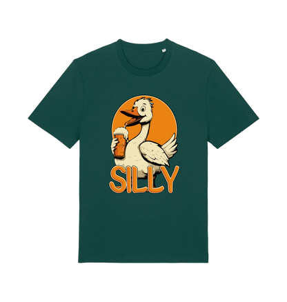 green funny animal t-shirt with the graphic of a goose holding a beer and the slogan 'silly'