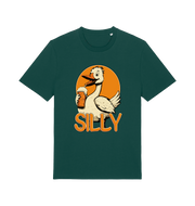 green funny animal t-shirt with the graphic of a goose holding a beer and the slogan 'silly'