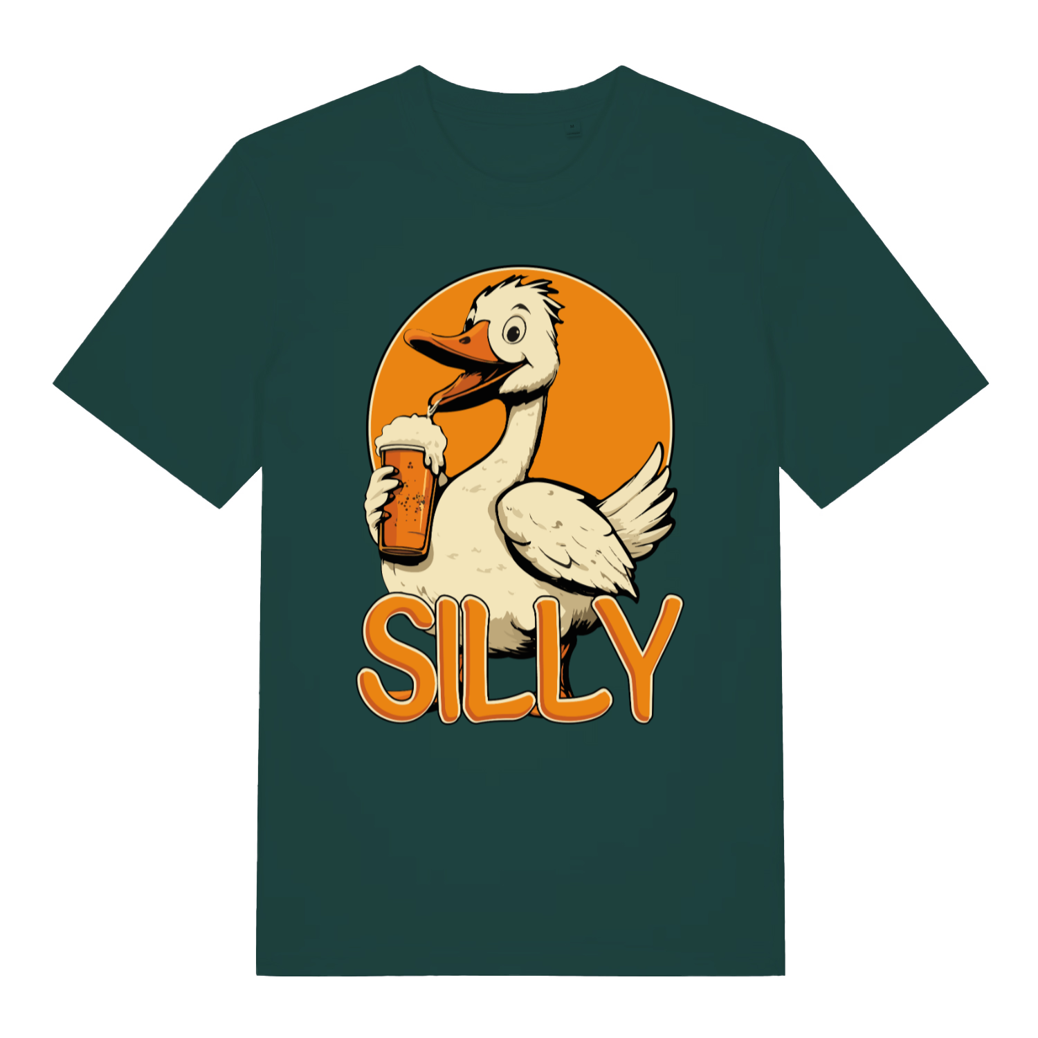 Green Silly Goose funny animal graphic t-shirt with beer-drinking goose design  