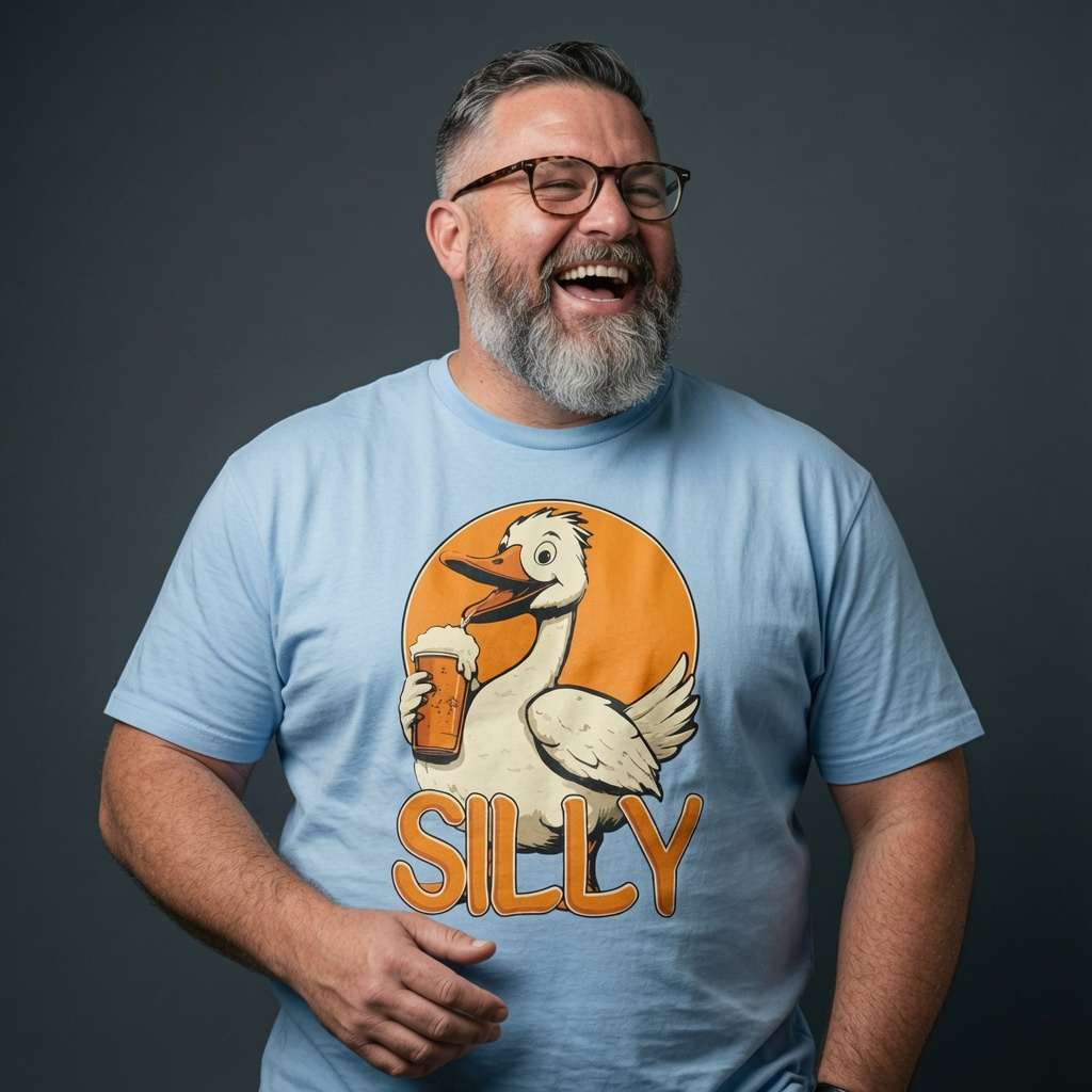 Bearded man with glasses laughing in a light blue Silly Goose t-shirt with the full beer-drinking goose, fun and witty mens goose graphic pun full of pure attitude