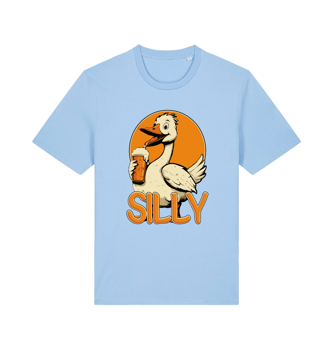 light blue funny animal t-shirt with the graphic of a goose holding a beer and the slogan 'silly'
