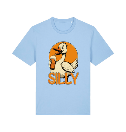 light blue funny animal t-shirt with the graphic of a goose holding a beer and the slogan 'silly'