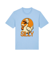 light blue funny animal t-shirt with the graphic of a goose holding a beer and the slogan 'silly'