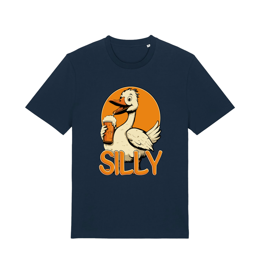 navy funny animal t-shirt with the graphic of a goose holding a beer and the slogan 'silly'