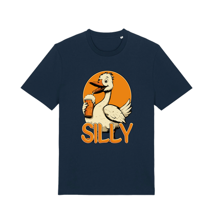 navy funny animal t-shirt with the graphic of a goose holding a beer and the slogan 'silly'