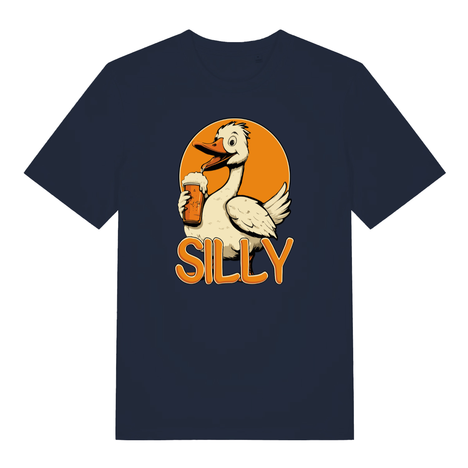 navy funny animal t-shirt with a cartoon goose holding a beer mug and the word 'SILLY' on an orange background.