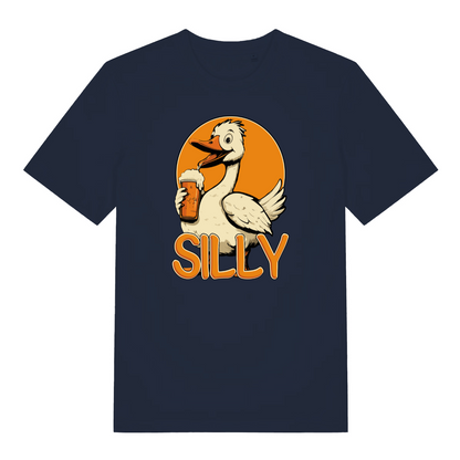 navy funny animal t-shirt with a cartoon goose holding a beer mug and the word 'SILLY' on an orange background.