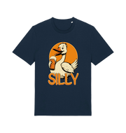 navy funny animal t-shirt with the graphic of a goose holding a beer and the slogan 'silly'
