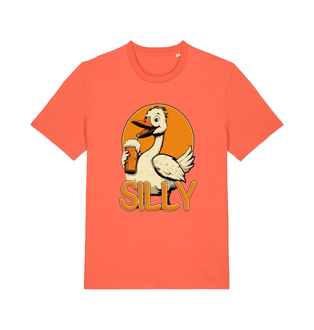 orange funny animal t-shirt with the graphic of a goose holding a beer and the slogan 'silly'