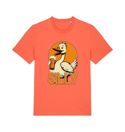orange funny animal t-shirt with the graphic of a goose holding a beer and the slogan 'silly'