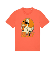 orange funny animal t-shirt with the graphic of a goose holding a beer and the slogan 'silly'