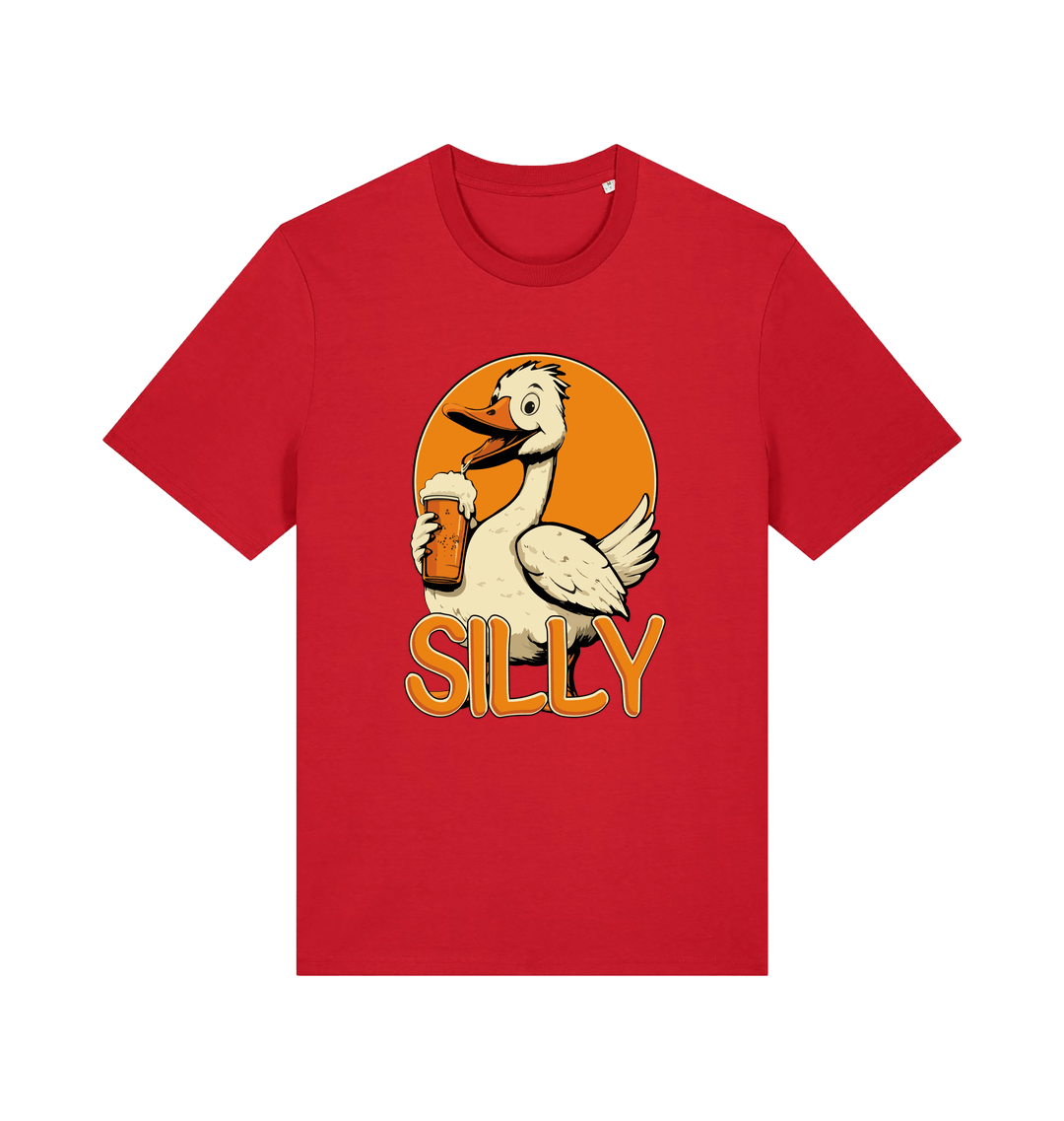 red funny animal t-shirt with the graphic of a goose holding a beer and the slogan 'silly'