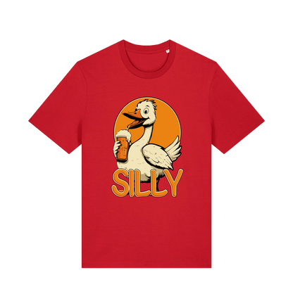 red funny animal t-shirt with the graphic of a goose holding a beer and the slogan 'silly'