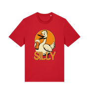 red funny animal t-shirt with the graphic of a goose holding a beer and the slogan 'silly'