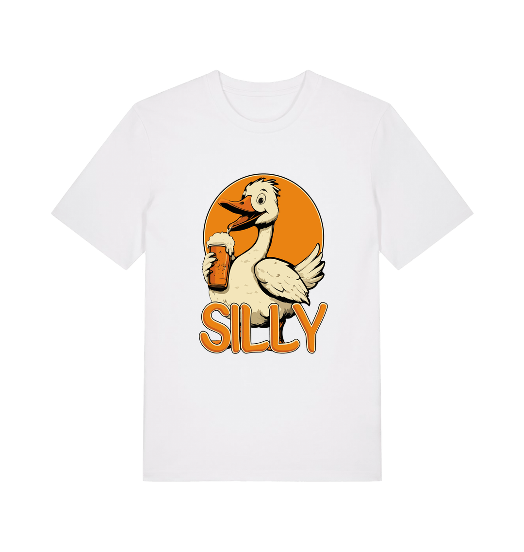 white funny animal t-shirt with the graphic of a goose holding a beer and the slogan 'silly'