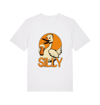 white funny animal t-shirt with the graphic of a goose holding a beer and the slogan 'silly'