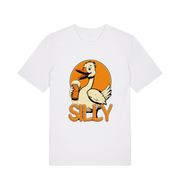 white funny animal t-shirt with the graphic of a goose holding a beer and the slogan 'silly'