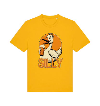 yellow funny animal t-shirt with the graphic of a goose holding a beer and the slogan 'silly'