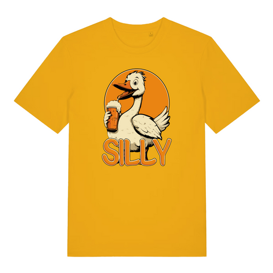 yellow funny animal t-shirt with a cartoon goose holding a beer mug and the word 'SILLY' on an orange background.