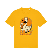 yellow funny animal t-shirt with the graphic of a goose holding a beer and the slogan 'silly'