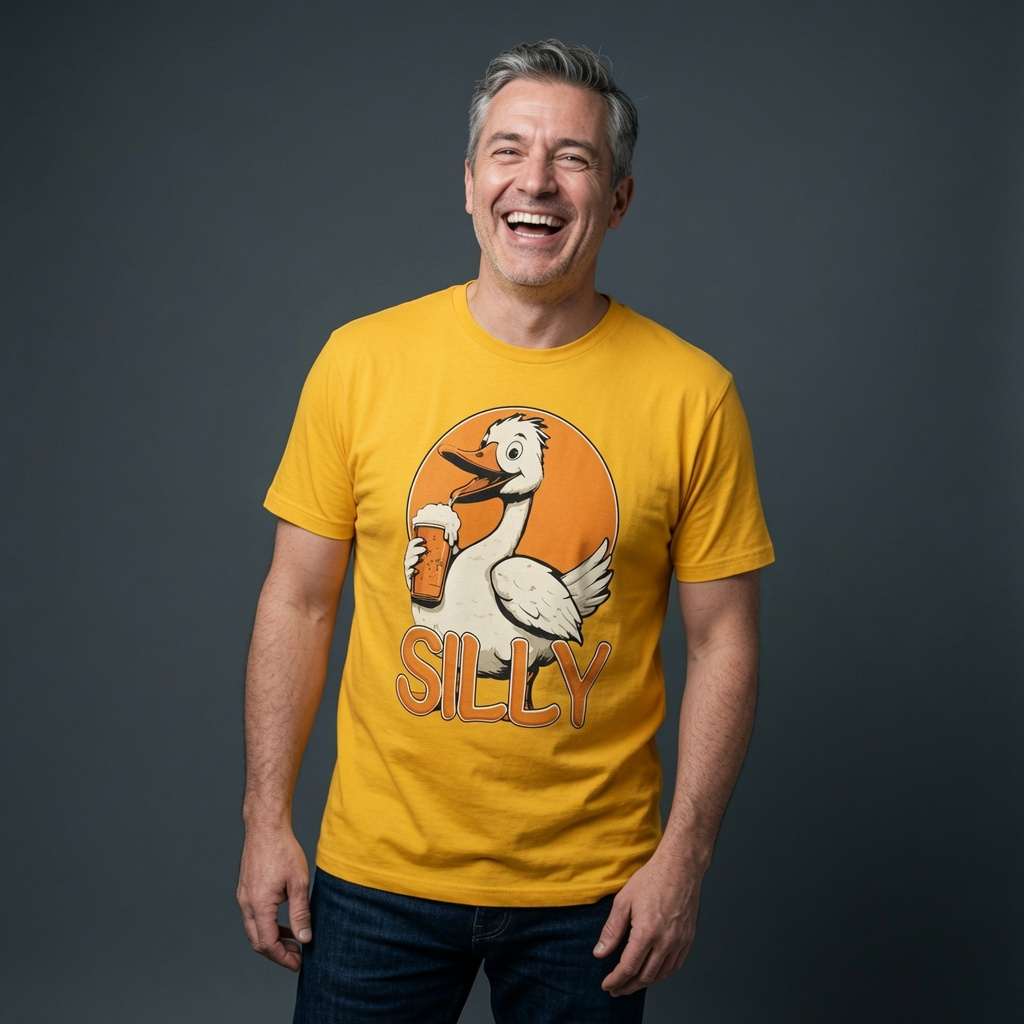 Man laughing while wearing a yellow Silly Goose t-shirt featuring a cartoon goose holding a pint of beer, witty mens fun goose graphic