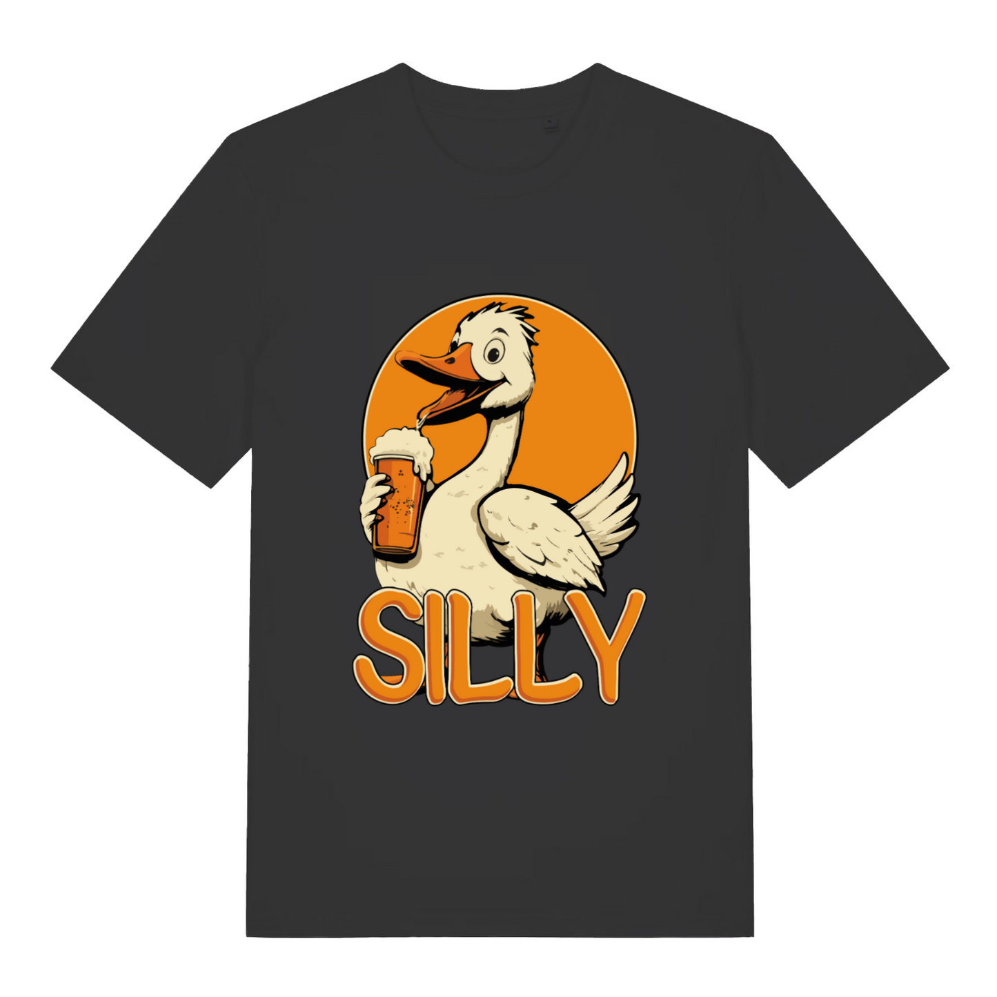 black women's funny animal t-shirt with the graphic of a cartoon goose drinking a pint of beer and the text 'silly'