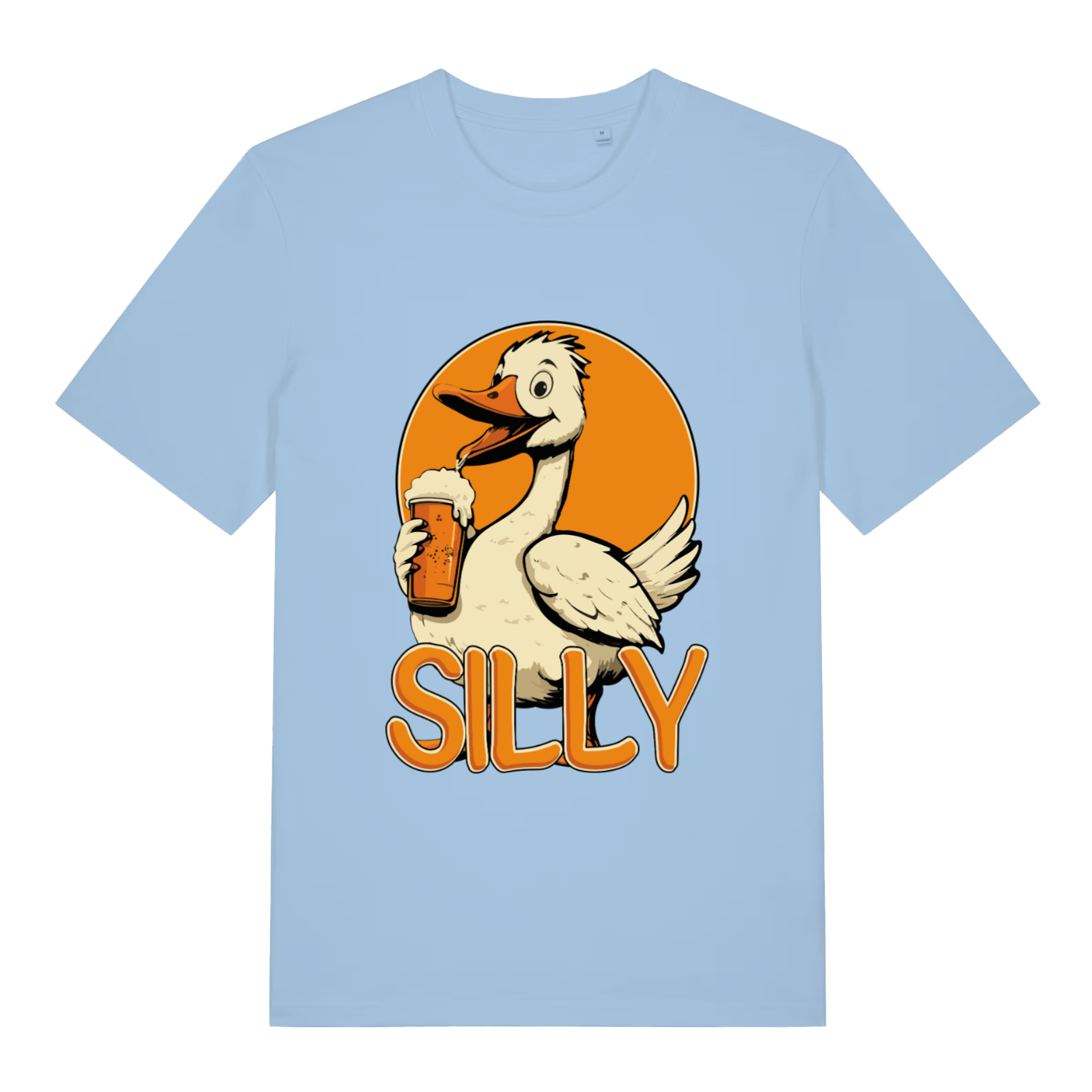 light blue women's funny animal t-shirt with the graphic of a cartoon goose drinking a pint of beer and the text 'silly'