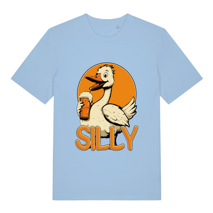 light blue women's funny animal t-shirt with the graphic of a cartoon goose drinking a pint of beer and the text 'silly'