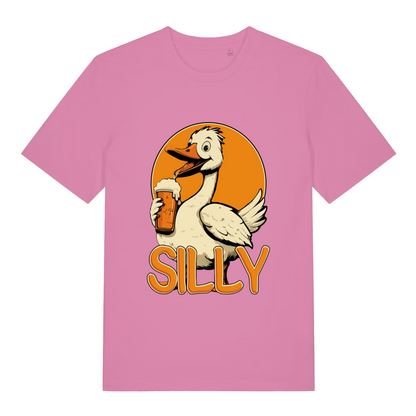 pink women's funny animal t-shirt with the graphic of a cartoon goose drinking a pint of beer and the text 'silly'