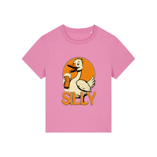 pink funny animal t-shirt with the graphic of a goose drinking a beer and the slogan 'silly goose'