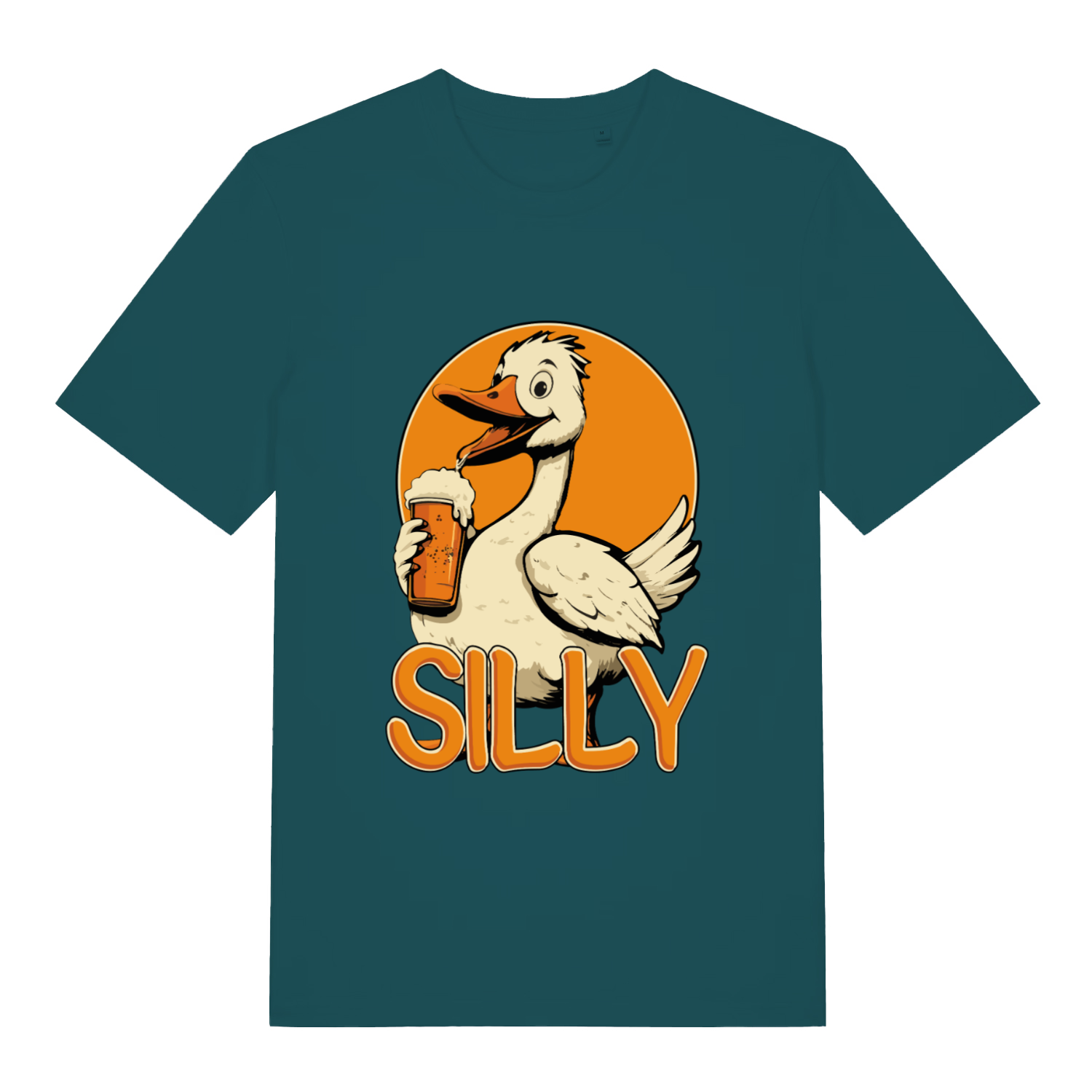 teal women's funny animal t-shirt with the graphic of a cartoon goose drinking a pint of beer and the text 'silly'