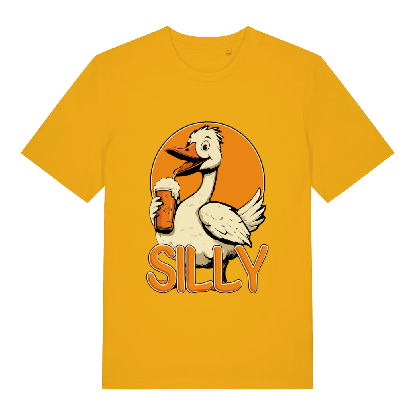 yellow women's funny animal t-shirt with the graphic of a cartoon goose drinking a pint of beer and the text 'silly'