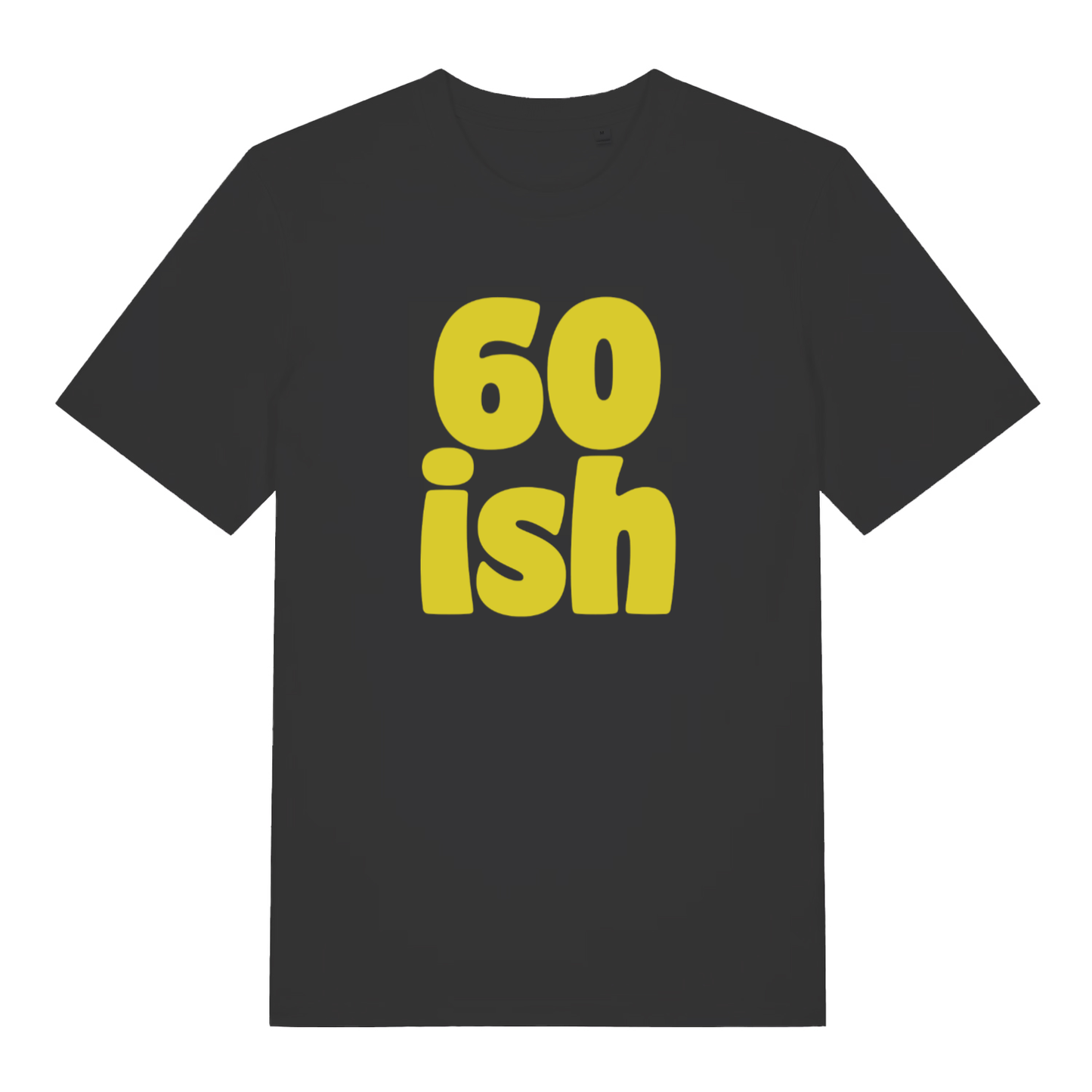 Black 60 Ish funny slogan t-shirt with bold yellow age lettering  
