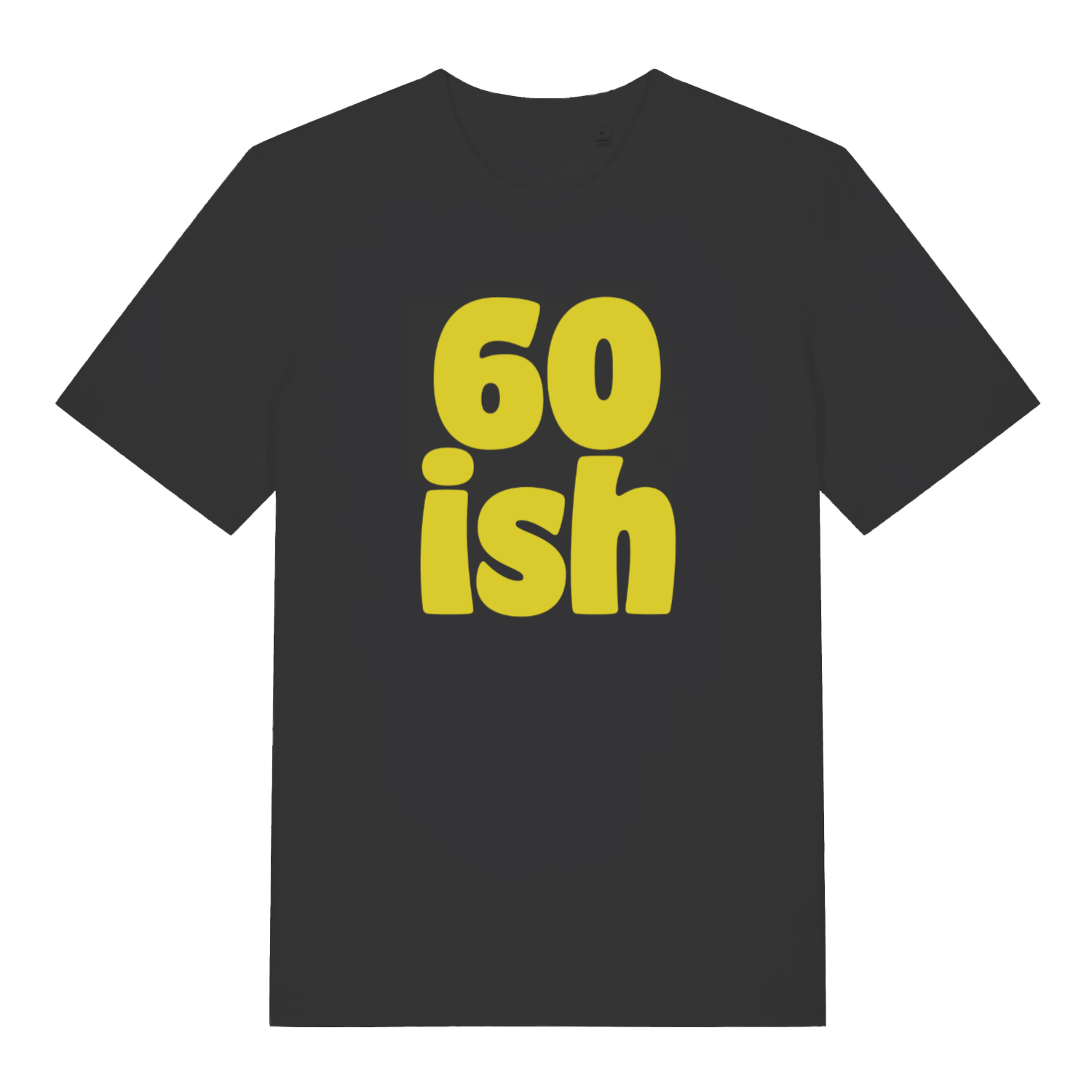 Black 60 Ish funny slogan t-shirt with bold yellow age lettering  