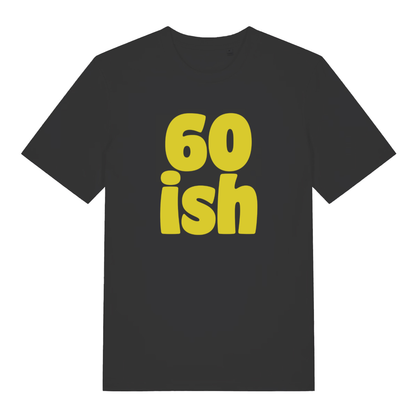 Black 60 Ish funny slogan t-shirt with bold yellow age lettering  