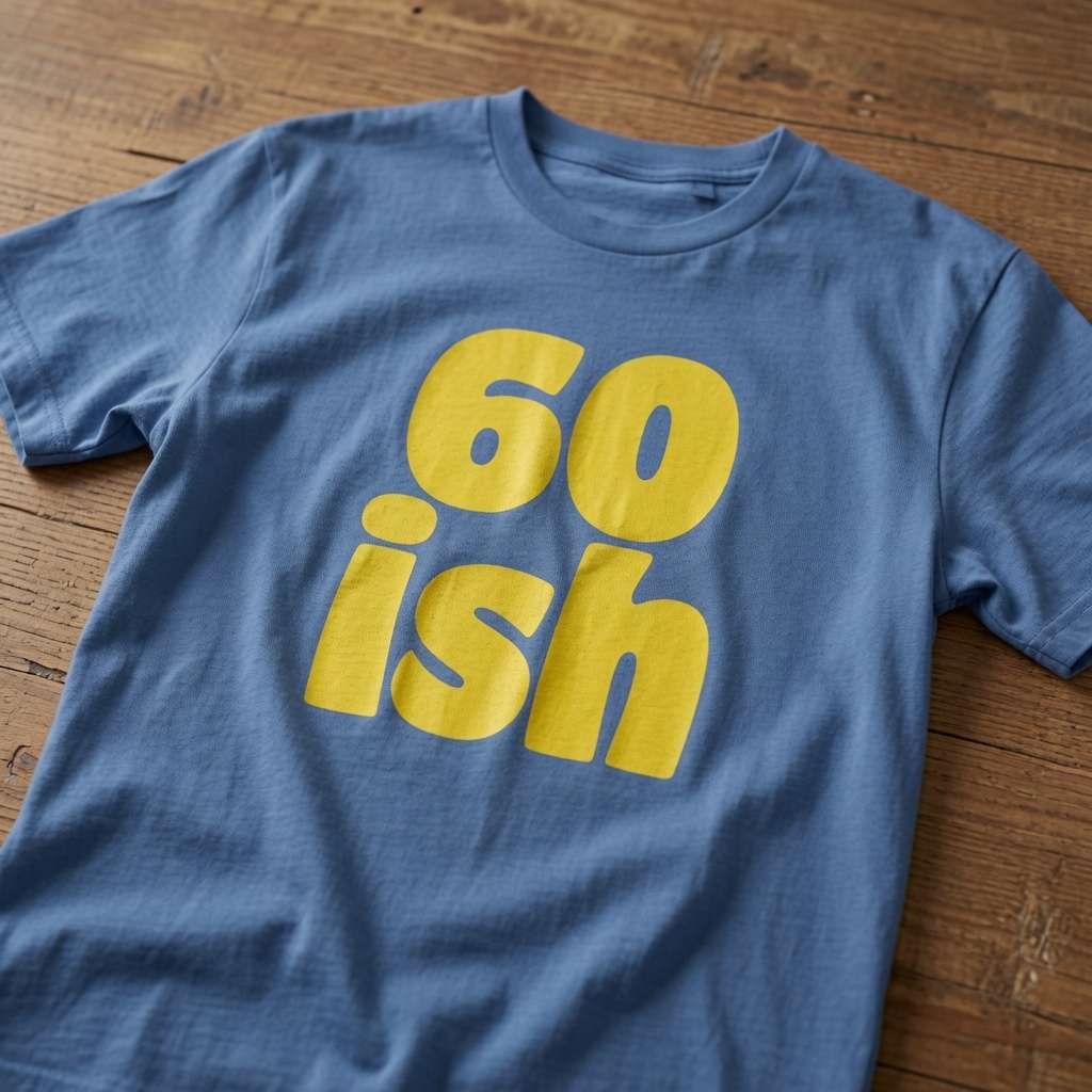 Blue 60 ish t-shirt laid flat on a wooden surface with large yellow text, funny mens 60th birthday gift slogan that every sixty-something lad will claim