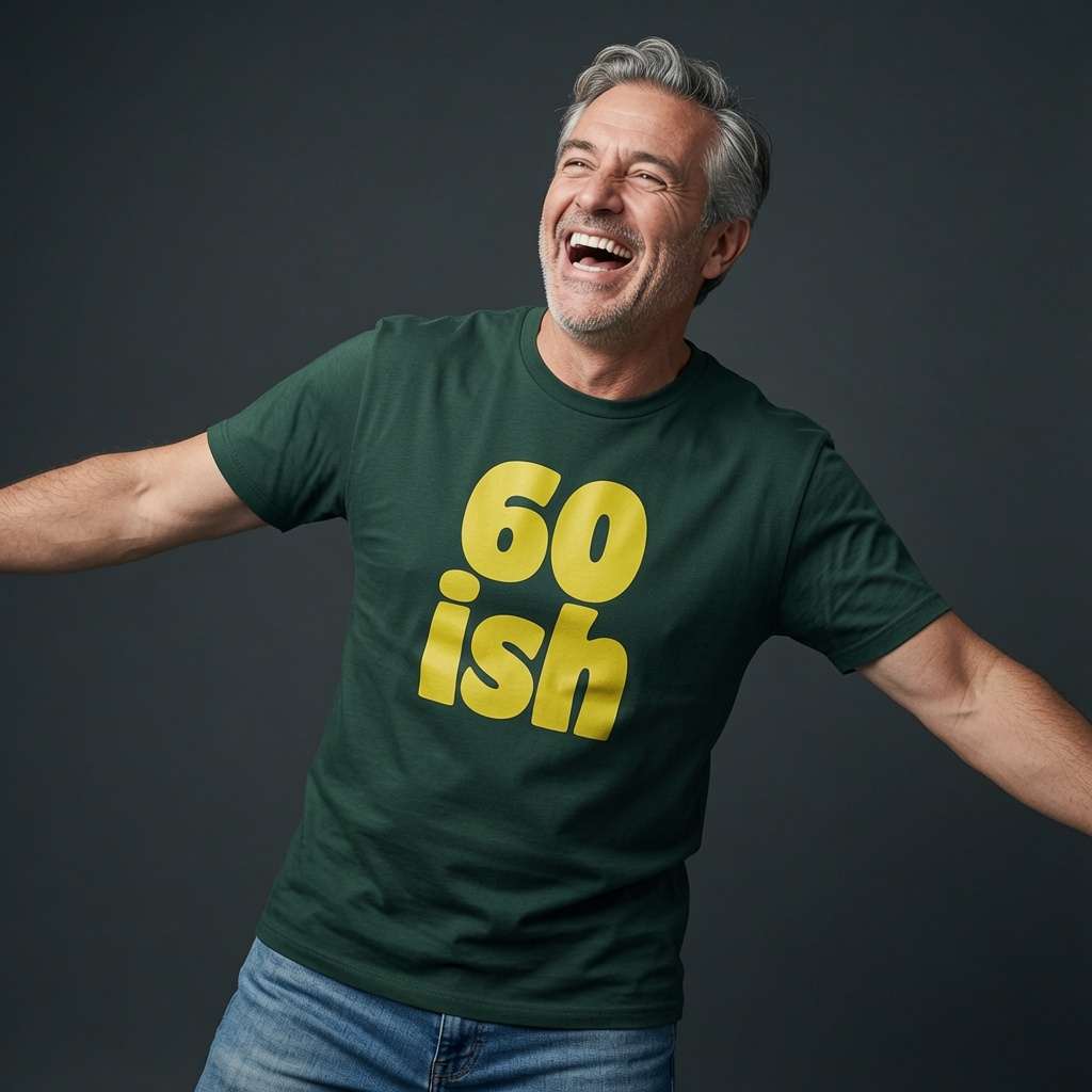 Man laughing with arms outstretched while wearing a green 60 ish t-shirt in bold yellow lettering, witty and funny 60th birthday slogan gift