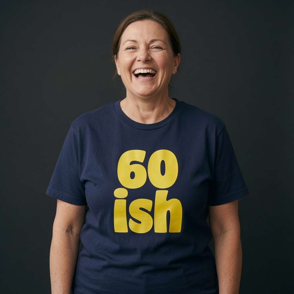 Woman laughing in a navy 60 ish t-shirt, funny and witty ladies 60th birthday gift that every sixty-something woman will claim