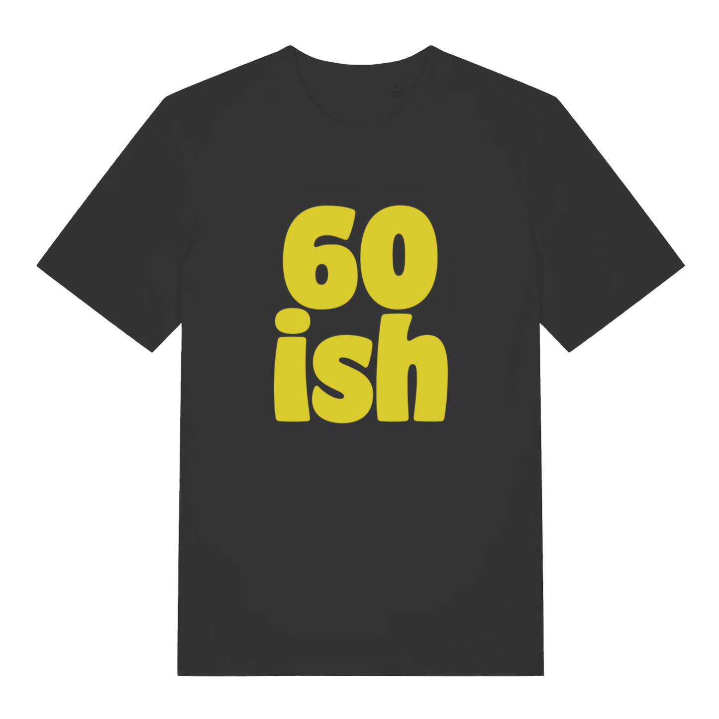 Black 60 Ish funny slogan t-shirt with bold yellow age lettering  