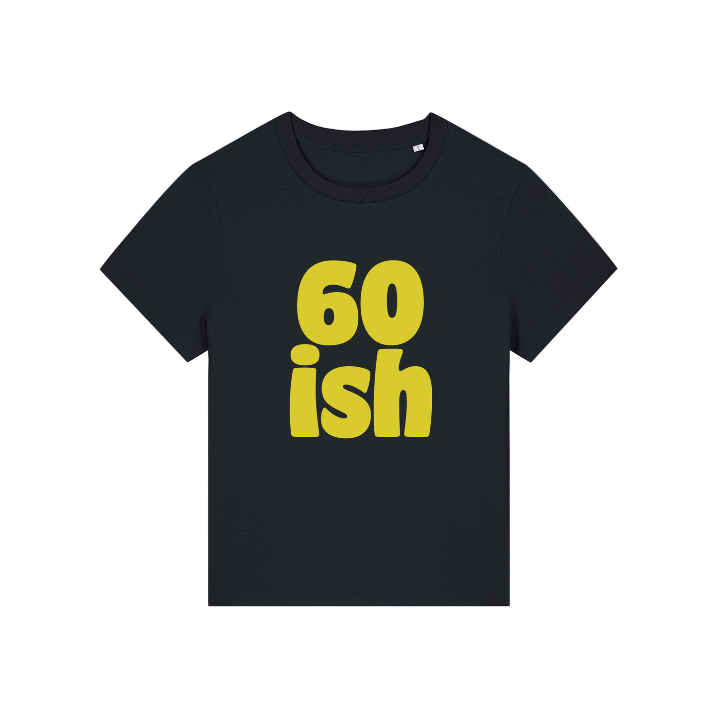 black slogan t-shirt with '60 ish'