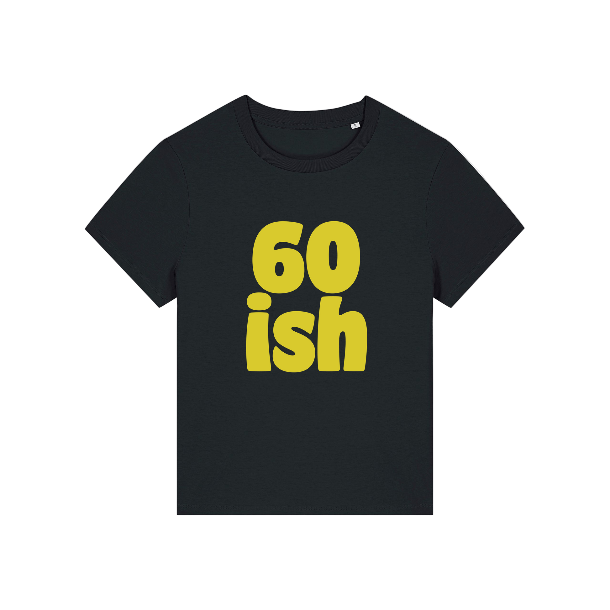 black slogan t-shirt with '60 ish'